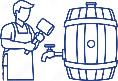 Brewer with mallet next to beer barrel, depicting craft brewing process and traditional production.