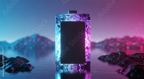Close up of a futuristic battery icon with a glowing crystalline texture, set against a dark landscape with mountains and water, illuminated