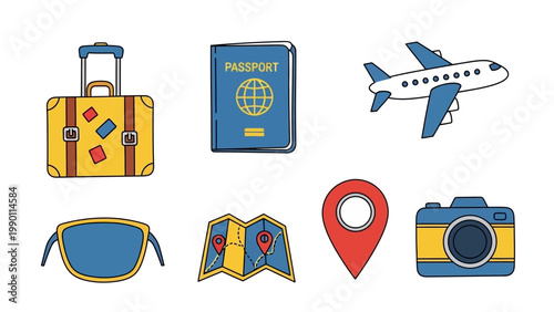 Collection of Travel Icons and Symbols for Vacation Planning.