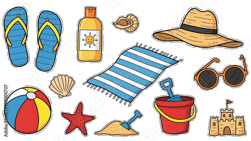 Colorful Summer Beach Vacation Essentials Collection with Flip Flops and Sunscreen.