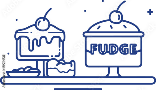 Delicious fudge dessert with cherry topping, chocolate cake slice, sweet treats, dessert display, rich flavor.