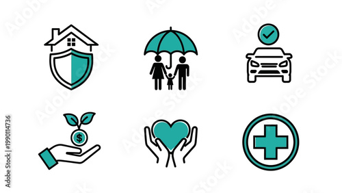 Comprehensive Insurance Icons Set for Home Family Car Health and Investment Protection.