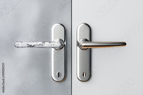 Modern chrome door handles on metal and wood backgrounds