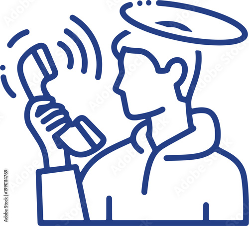 Man with halo holding phone receiving important call with communication waves.