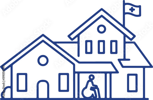 Nursing home building with wheelchair ramp and flag healthcare symbol.