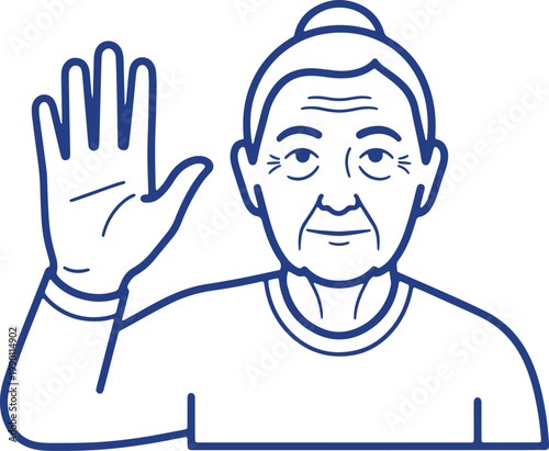 Elderly woman waving hello with hand raised, welcoming gesture, smiling face, senior lady portrait.
