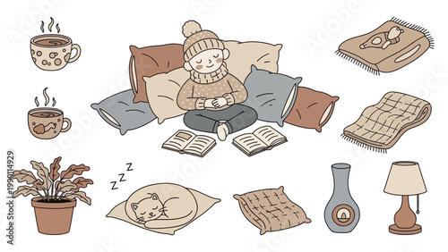 Cozy Hygge Lifestyle Collection with Person Reading and Warm Elements.