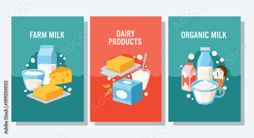 Three colorful promotional posters for dairy products including farm milk and organic varieties with various items shown.