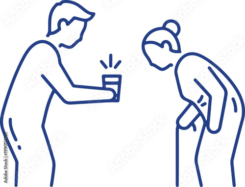 Young person offering drink to elderly person with walking stick, help, support, kindness, intergenerational care.