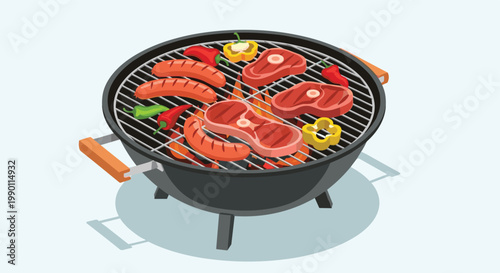 Top view of a round charcoal grill filled with sizzling steaks sausages and colorful bell peppers over burning coals.