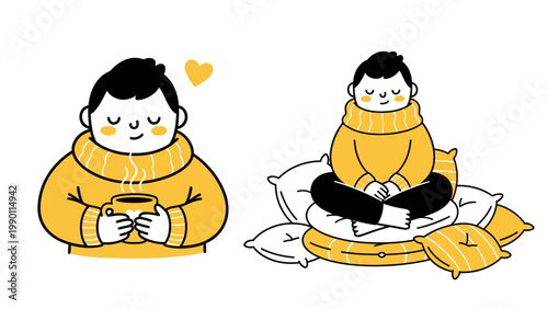 Cozy man in yellow sweater enjoying hot drink and meditating on pillows.