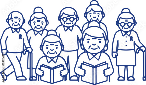 Group of diverse smiling elderly people reading books, community gathering, seniors enjoying leisure activity.