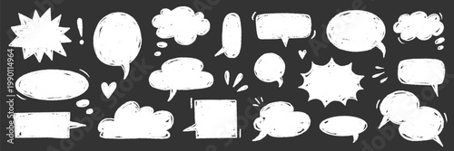 Speech doodle chalk balloon set. Speech doodle hand drawn crayon sketch on chalkboard . Balloon cloud text frame cartoon sticker comic dialog on vintage school blackboard. Vector illustration