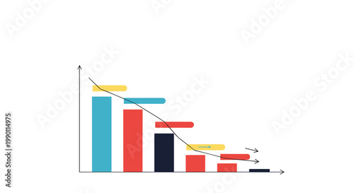 Business bar chart showing a downward trend with colorful columns and a black line graph against a white background.