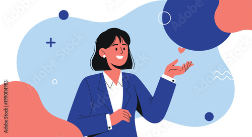 Stylish illustration of a pensive businesswoman in a blue suit surrounded by abstract shapes and soft pastel colors.