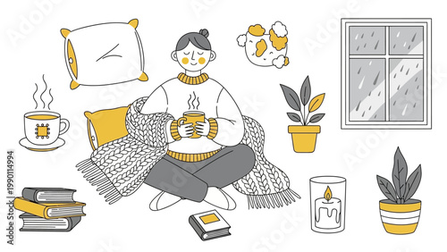 Cozy person enjoying a warm drink indoors surrounded by comfort elements.