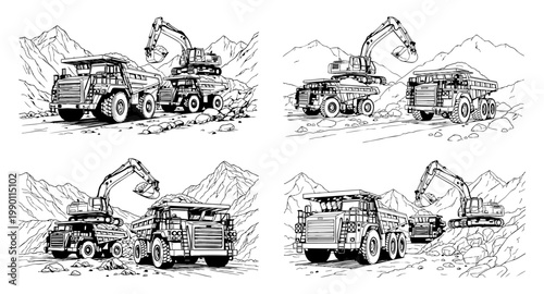 Vector graphic illustration of heavy mining dump trucks and excavators working in a quarry scene.