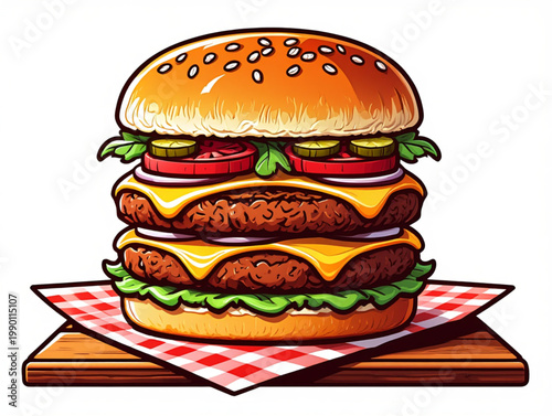 A triple-layered beef burger with lettuce, tomato, and sauces on a sesame bun