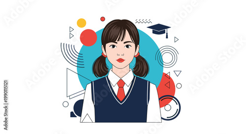 Portrait of an asian schoolgirl in uniform standing in front of educational icons like graduation caps and geometric shapes for learning.