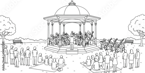 Intricate line drawing of a victorian gazebo in a park setting with numerous people