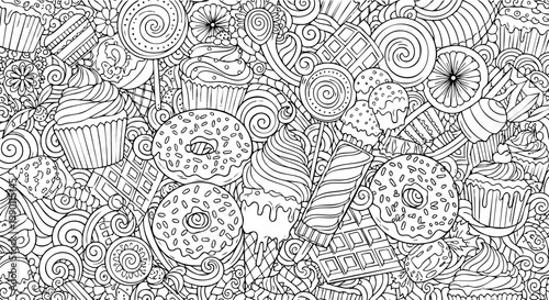 Hand-drawn dessert and candy seamless pattern vector graphic for a creative coloring design.