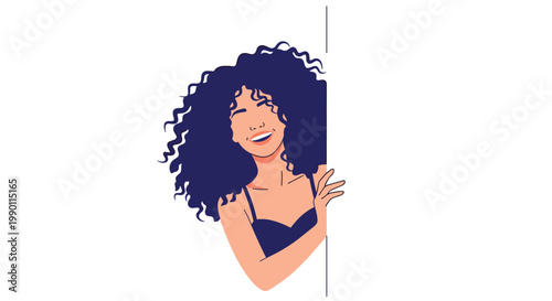Smiling young woman with dark curly hair peeking out from behind a white vertical wall edge in a playful and mysterious cartoon illustration.