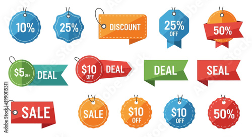 Colorful sale tags with various discount percentages and deal offers