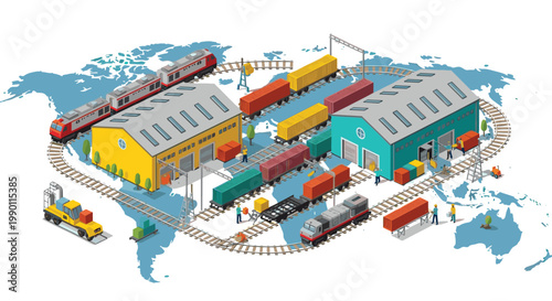 Isometric illustration of global logistics and transportation featuring cargo trains, warehouses, and containers on a world map background.