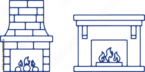 Brick fireplace and modern fireplace with burning fire flat icons on white background.