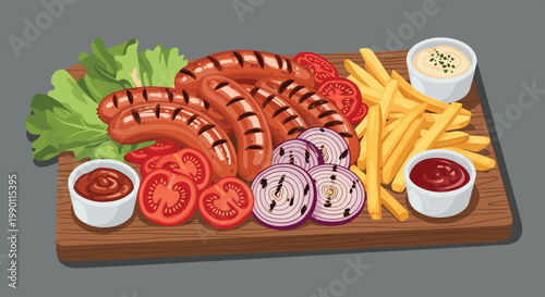 Delicious platter of grilled sausages served with crispy french fries, sliced red onions, tomatoes, lettuce, and dipping sauces on wood.