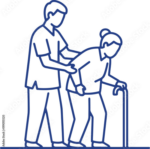Nurse helping elderly person with cane isolated on white background vector icon.