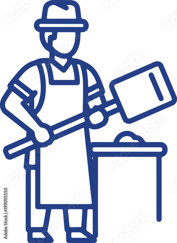 Butcher with apron and meat cleaver by cutting board vector icon.