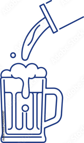 Beer mug filled with frothy beer, refreshing beverage, celebration, party, and leisure time, conceptual illustration with blue outline.
