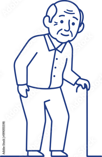 Elderly man with walking stick, happy senior person with cane, representing age, support, and healthy lifestyle with simple line art.