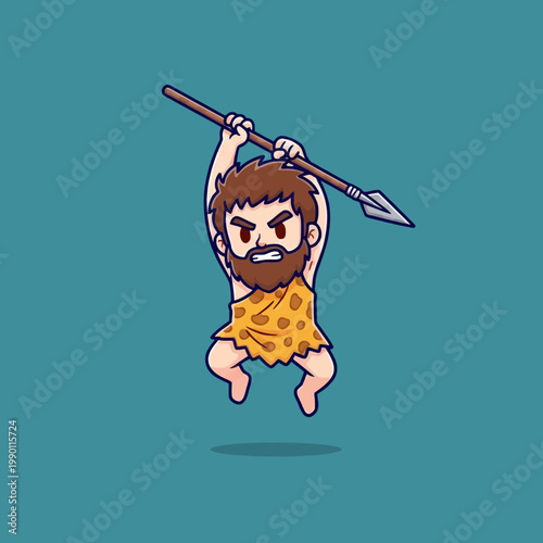 Fierce Caveman Hunter Leaping with Spear Ready to Strike.
