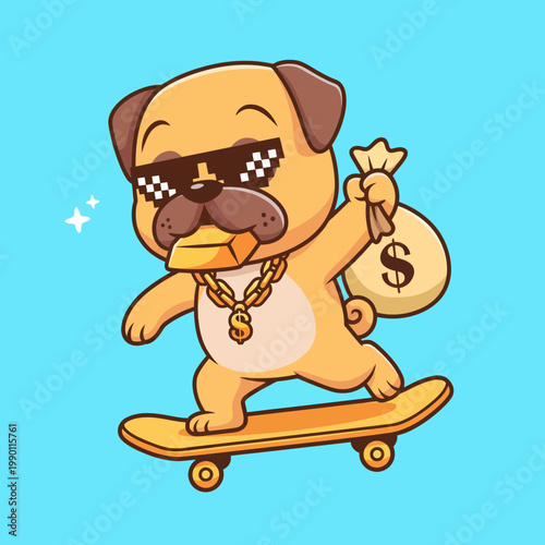 Cute pug dog riding skateboard with gold and money bag.