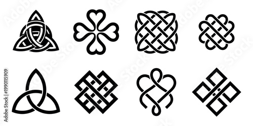 Endless knot symbols set cultural Buddhist sacred Celtic patterns intertwined knots medieval decorative ornament vector collection for spiritual design