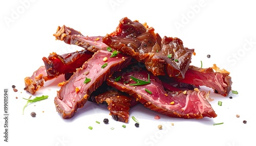 A mouth-watering pile of grilled steak slices with herbs