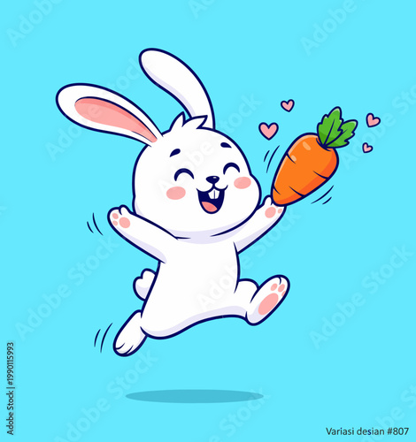 Cute cartoon bunny happily jumping with a carrot.