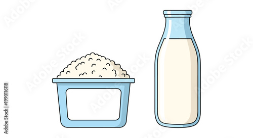 Illustration of a glass milk bottle and a container of cottage cheese for various fresh dairy product and healthy food concepts.