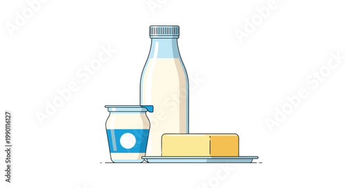 Still life illustration of essential dairy products including a milk bottle, yogurt, and a block of butter on a blue background.
