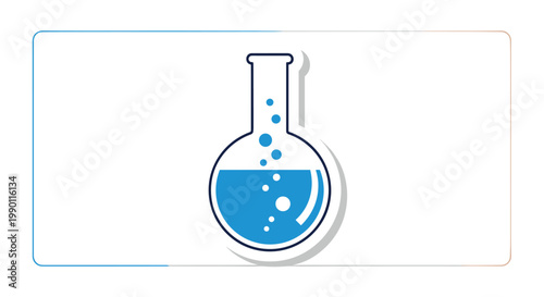 Blue laboratory flask icon with bubbles inside representing modern science, chemistry, and research experiments in a studio.