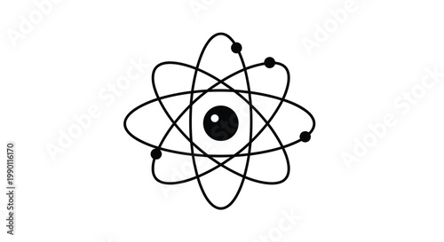 Scientific diagram of an atom with electrons orbiting a central nucleus in a simple black and white design for education and physics.
