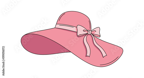 Elegant pink wide brimmed sun hat with a decorative ribbon and bow isolated on a white background for summer vacation fashion.