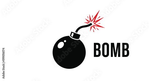 Black round bomb with a burning red fuse and the word BOMB written in bold capital letters next to it for dangerous concepts.