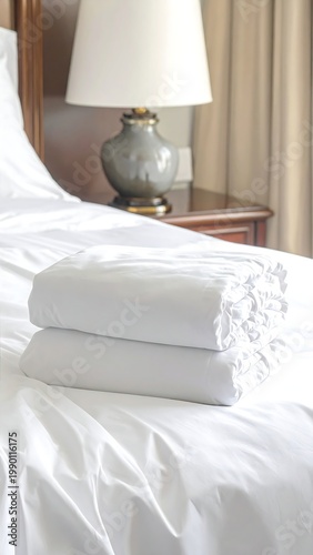A neatly made bed with folded white linens and a bedside lamp