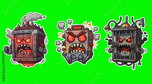 Three Angry Cartoon Characters with Fiery Expressions and Steam.