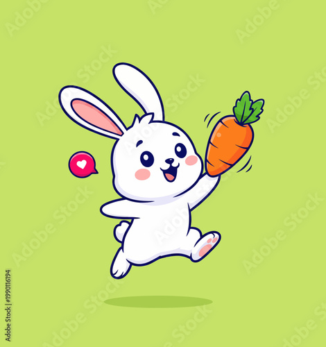 Cute cartoon white rabbit happily jumping with a fresh carrot.