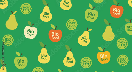 Seamless pattern of healthy bio food icons including apples, pears, and eco badges on a green background for organic branding.