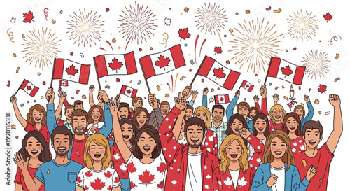 Joyful crowd of diverse Canadians celebrating national pride with flags, confetti, and fireworks, embodying the concept of unity and patriotism during a festive event
